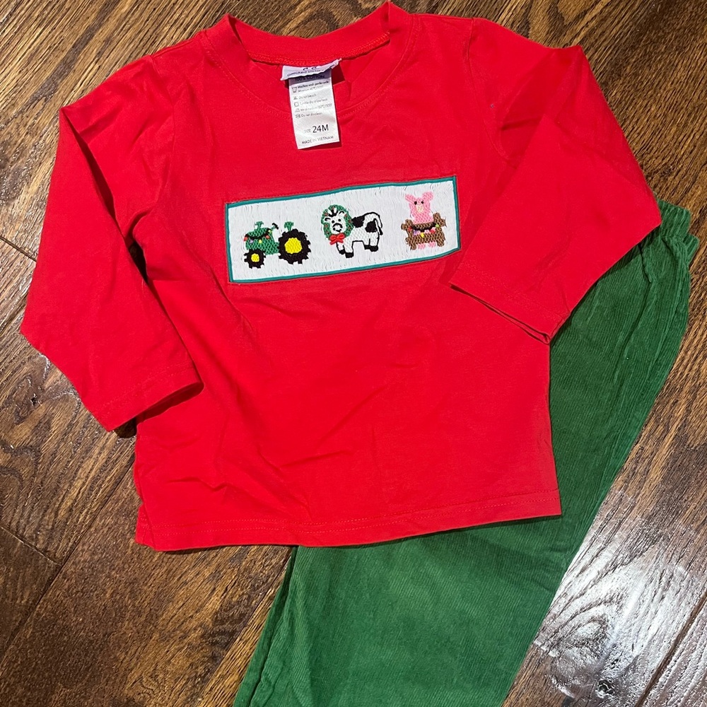 24 month smocked Christmas farm long sleeve shirt and green corduroy pants